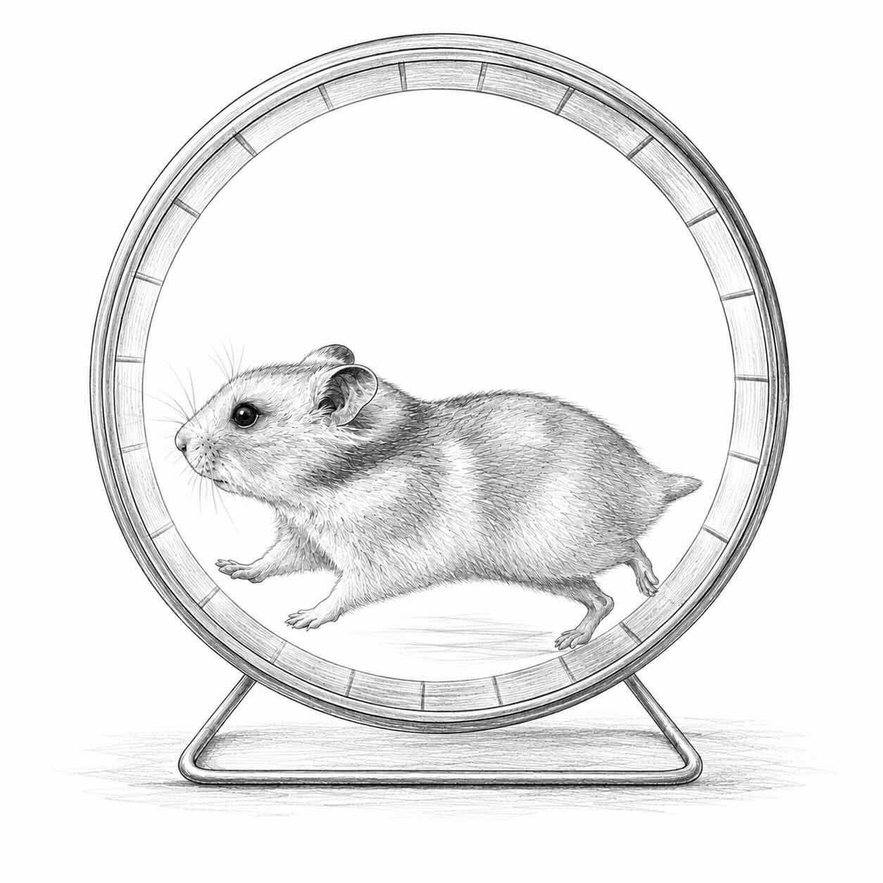 ChatGPT-created pencil sketch of hamster in a wheel, facing left